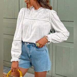 New Linen Blend Boho Floral Lace Top Long Bishop Sleeve White